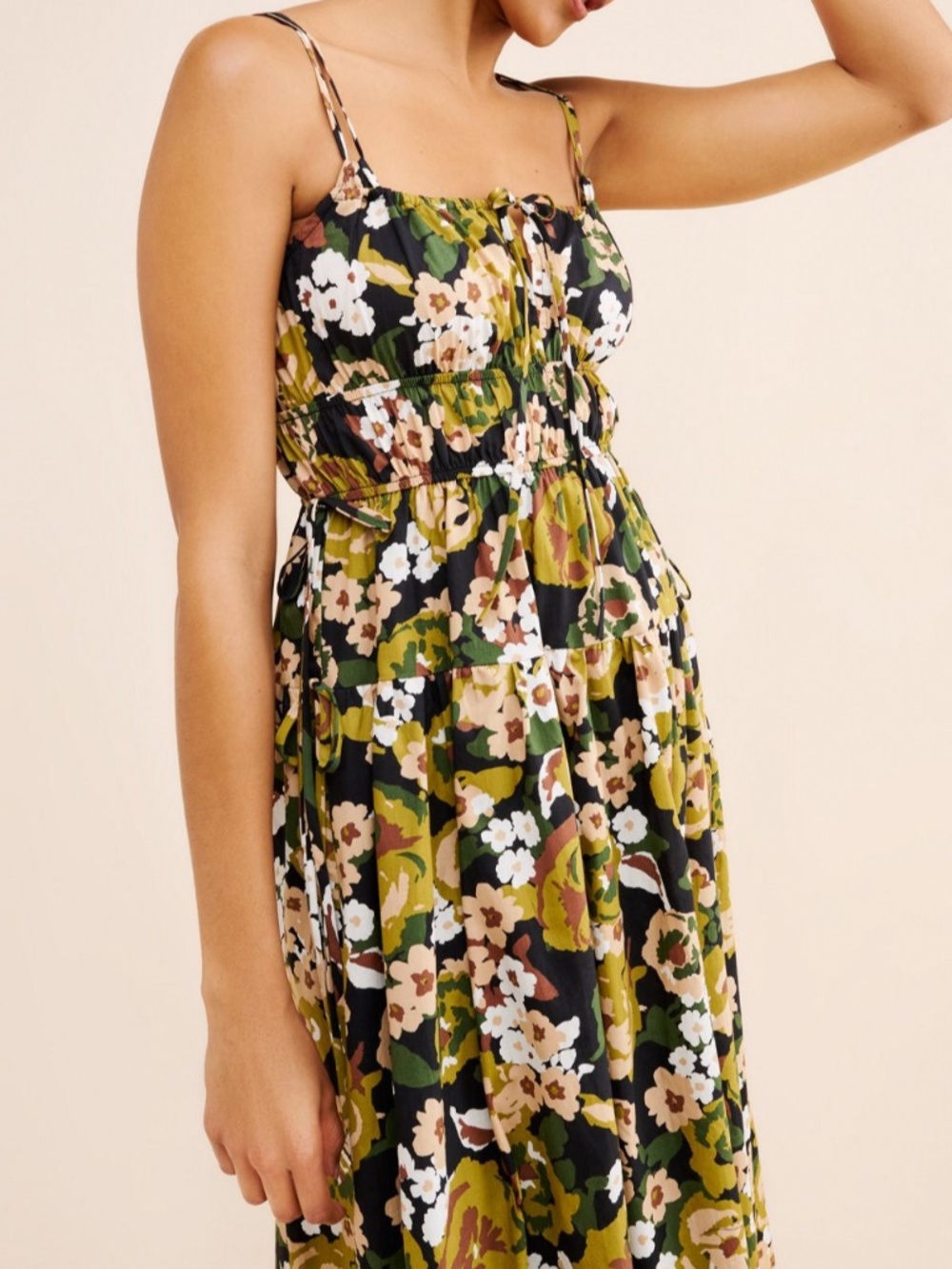 Moon River Sleeveless Strappy Floral Print Shirred Midi Dress Size Medium